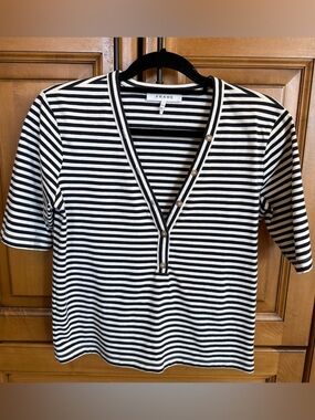 Frame Navy & White Striped V-Neck Button Top